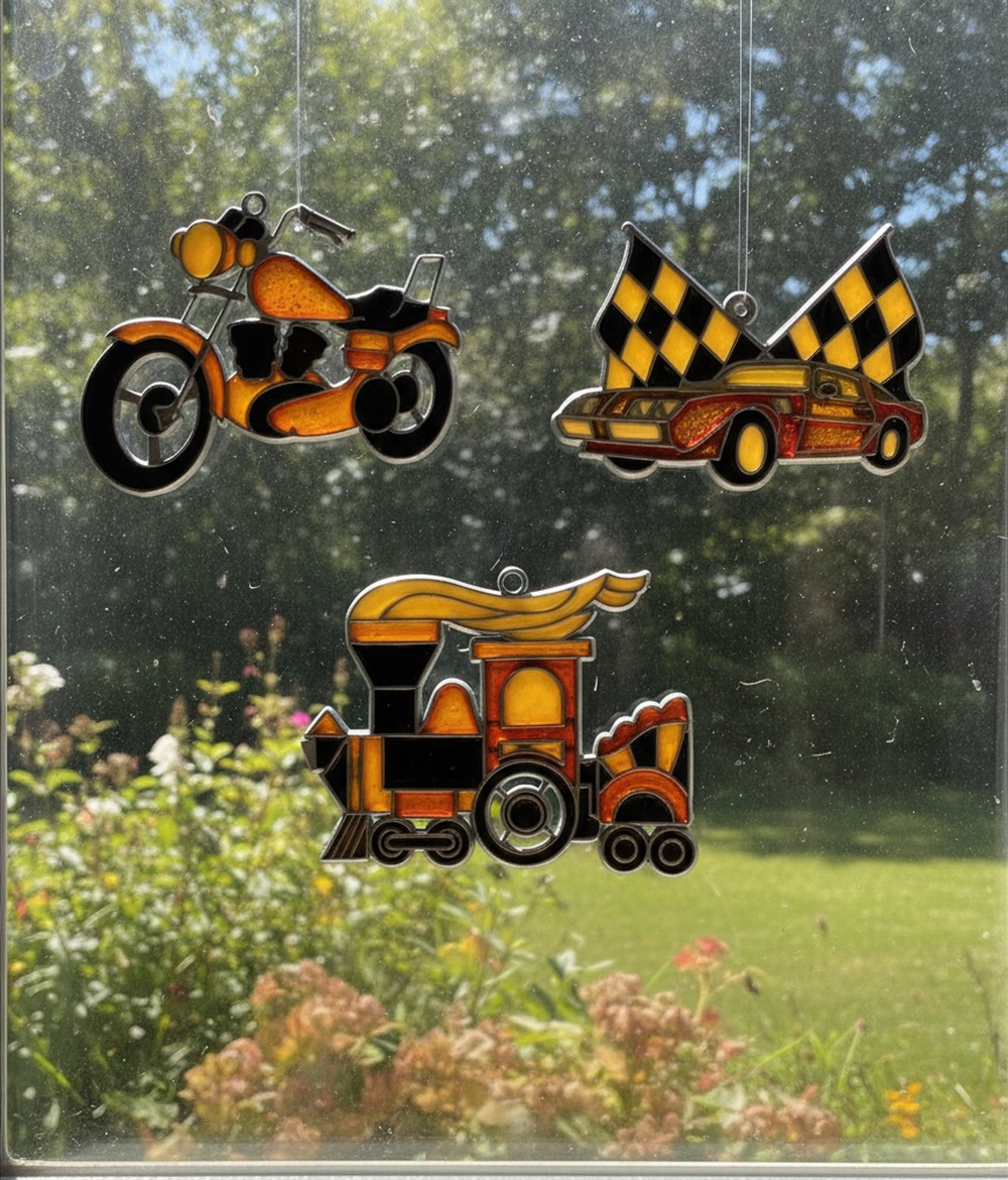 Vintage Suncatcher Lot of 3 Motorcycle Race Car Train Stained Glass Style 4.5"